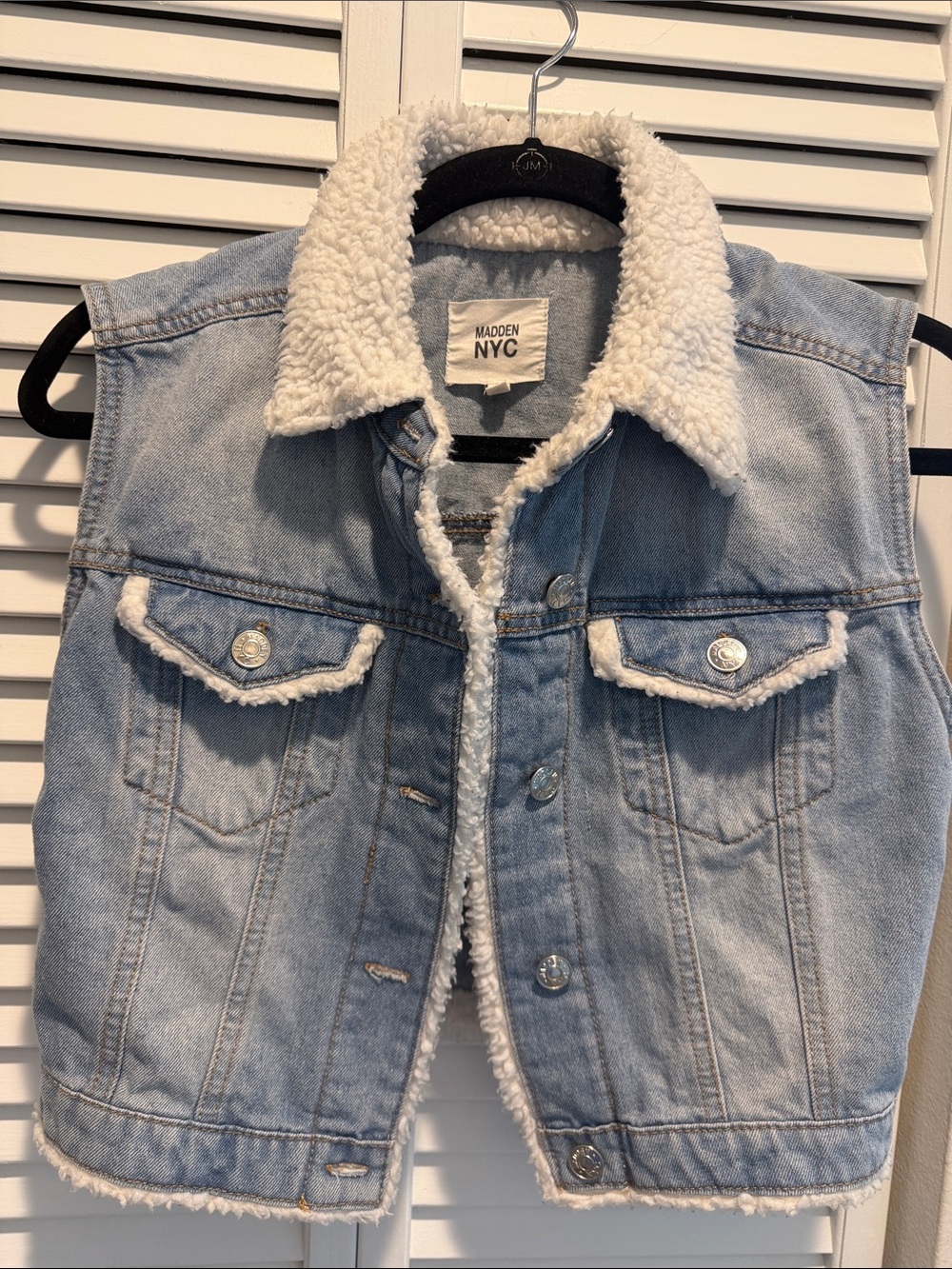 Madden NYC Light Blue Denim Sherpa-Trim Vest Size S